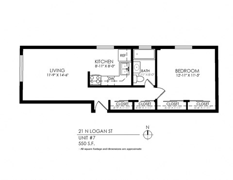 Floor plan for 1 bed, 1 bath, 570 sqft